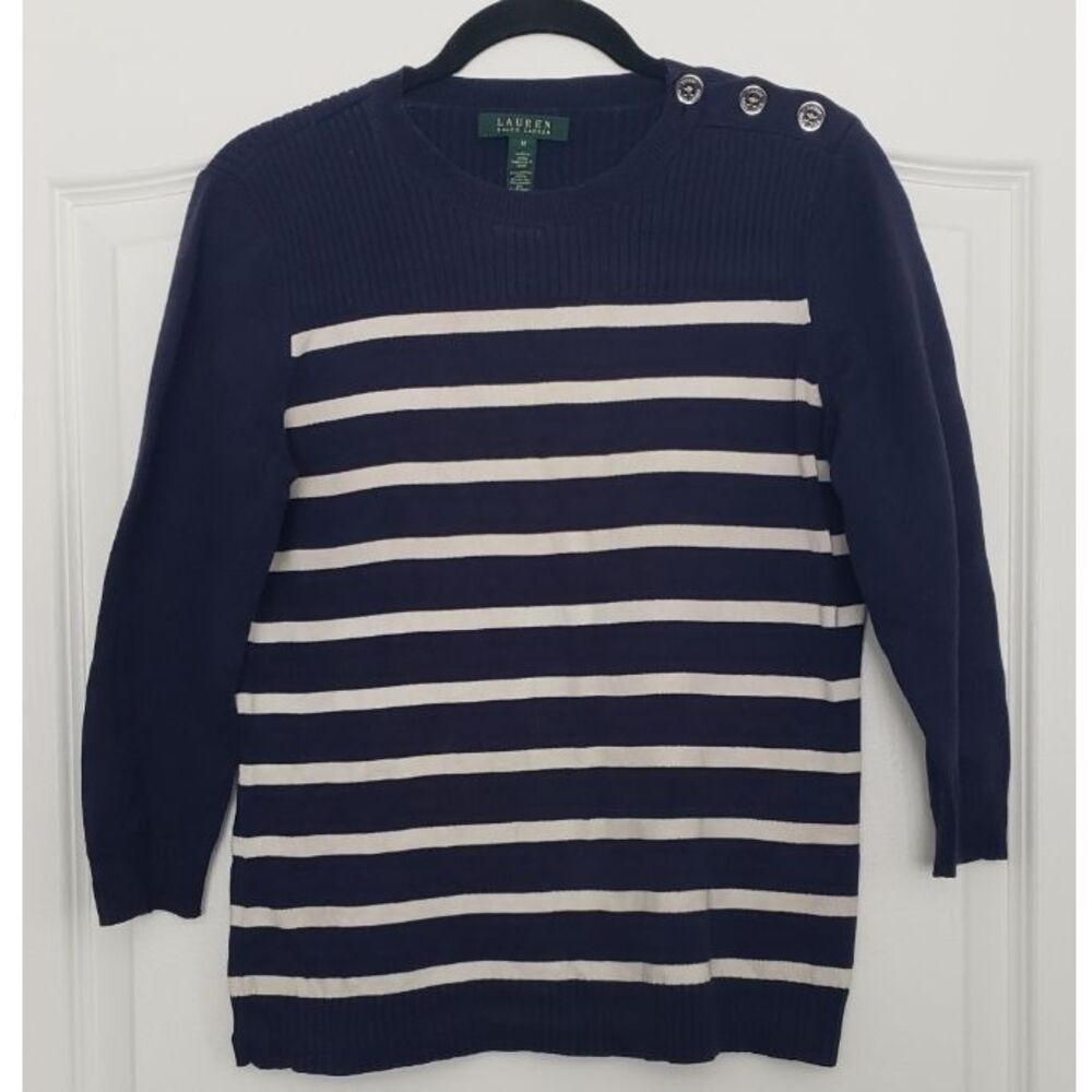 Lauren Ralph Lauren Navy Cream‎ Striped Sweater Sz M Nautical Coastal Beach